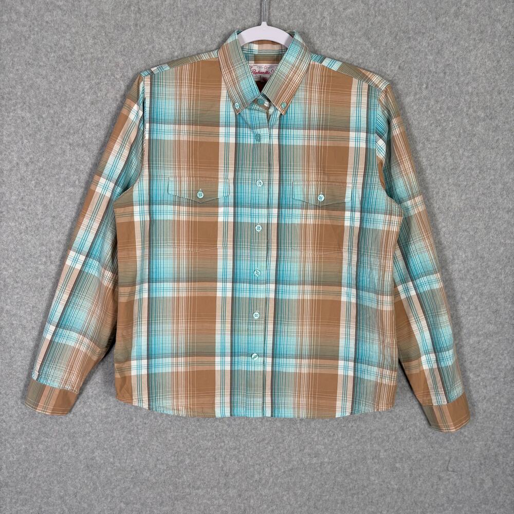 Panhandle Slim Shirt Women Small Brown Tan Aqua Plaid Yoke Western Rodeo Cowgirl